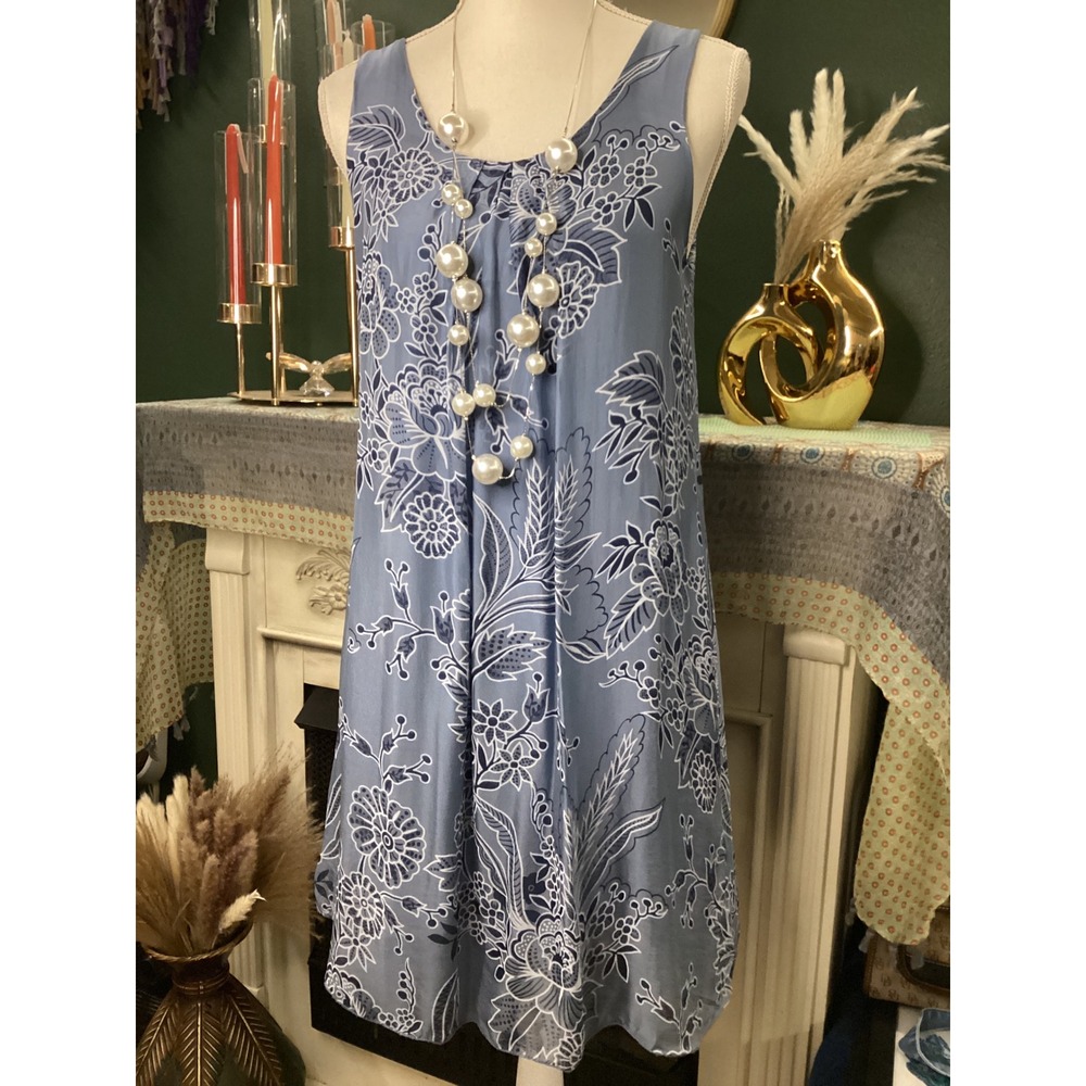 Made in Italy Blue Floral Silk Blend Sleeveless Shift Dress‎ Art 343 Lined